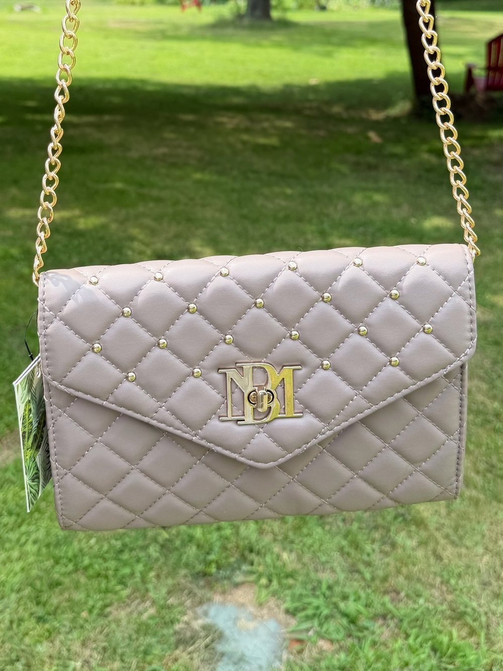 Badgley Mischka Taupe Quilted Studded Crossbody Clutch Wallet NWT